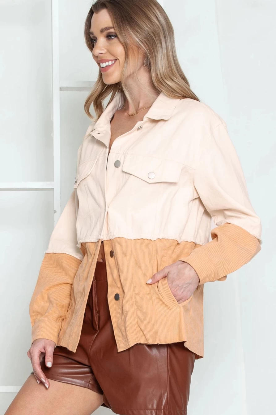 Shewin Women's Khaki Two-Toned Colorblock Jacket with Flap Pockets & Chambray Detail
