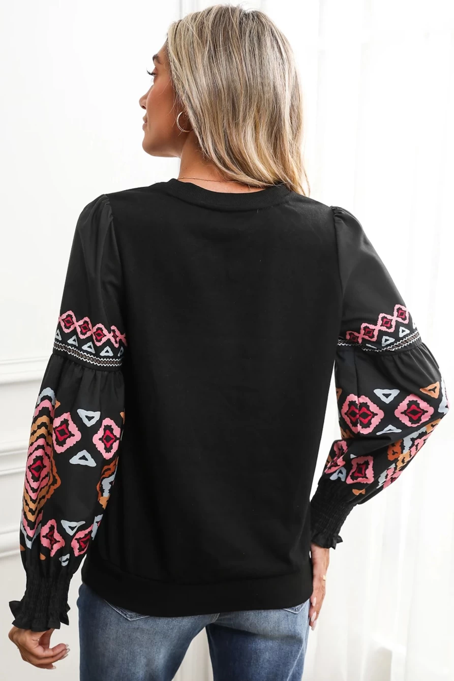 Shewin Women's Black Geometric Print Lantern Sleeve Round Neck Blouse