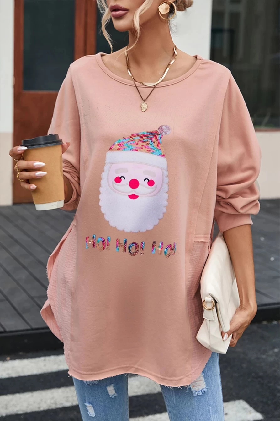 "Shewin Women's Orange Santa Graphic Top with Raw Hem, Patchwork & Sequined Details"