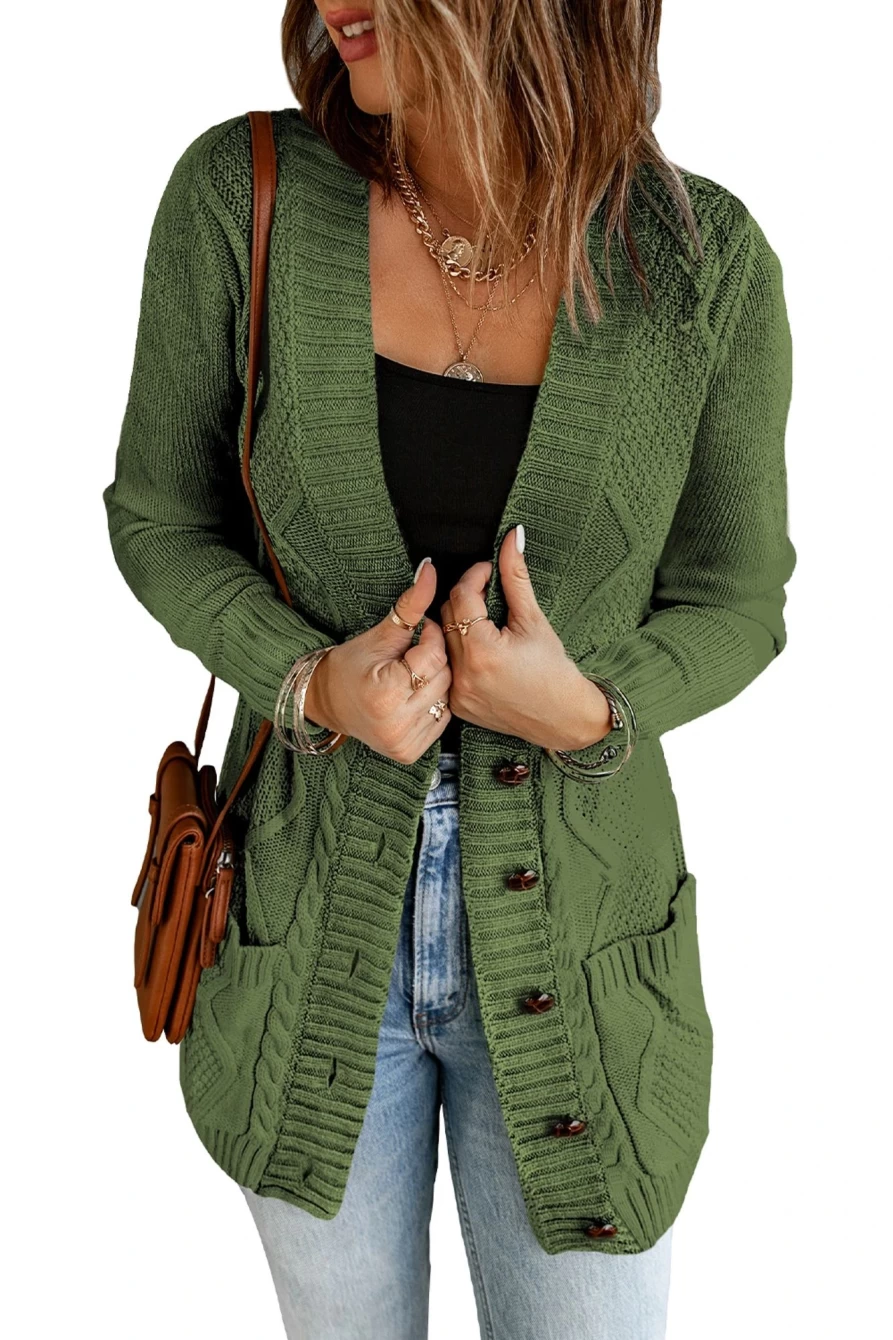 Women's Green Front Pocket Button Closure Cardigan - Shewin Cozy Knit Sweater