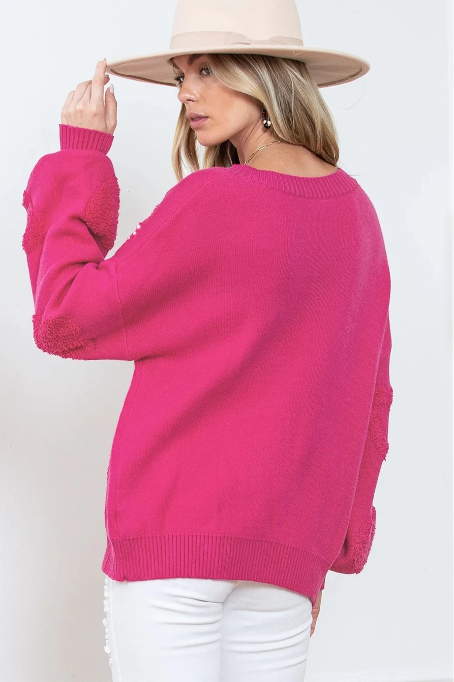 "SheWin Women's Rose Red Pearl Embellished Drop Sleeve Knit Sweater with Rosy Heart Design"