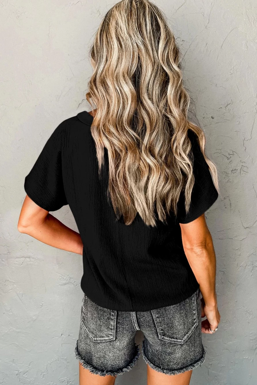 Shewin Women's Black Crinkled V-Neck Short Sleeve Blouse - Plain Casual Top