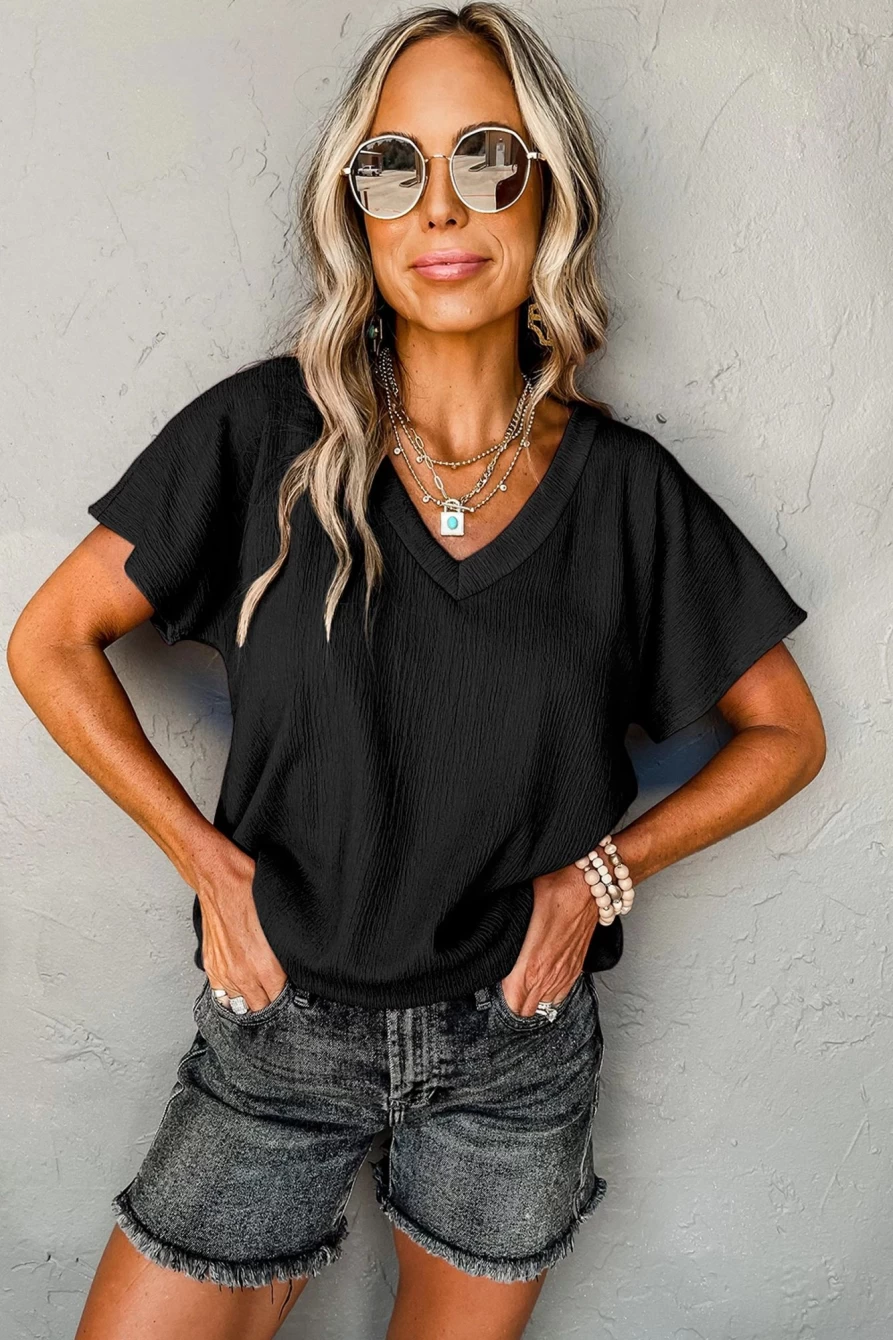 Shewin Women's Black Crinkled V-Neck Short Sleeve Blouse - Plain Casual Top