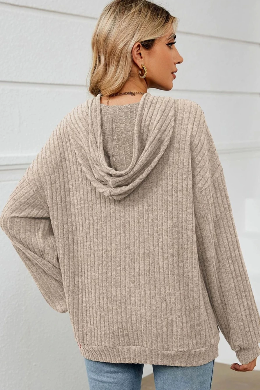 Shewin Women's Parchment Textured Drop Shoulder Hoodie with Pockets