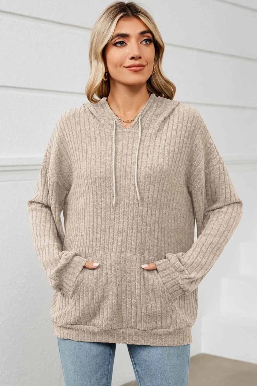 Shewin Women's Parchment Textured Drop Shoulder Hoodie with Pockets