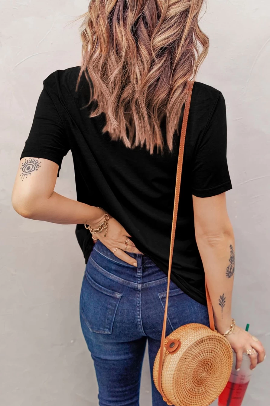 Shewin Women's Black Distressed Short Sleeve Basic T-Shirt