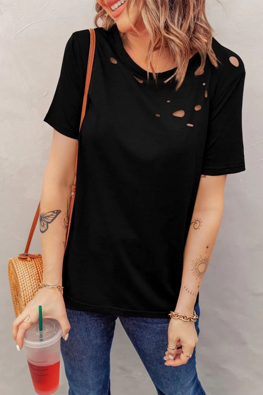 Shewin Women's Black Distressed Short Sleeve Basic T-Shirt