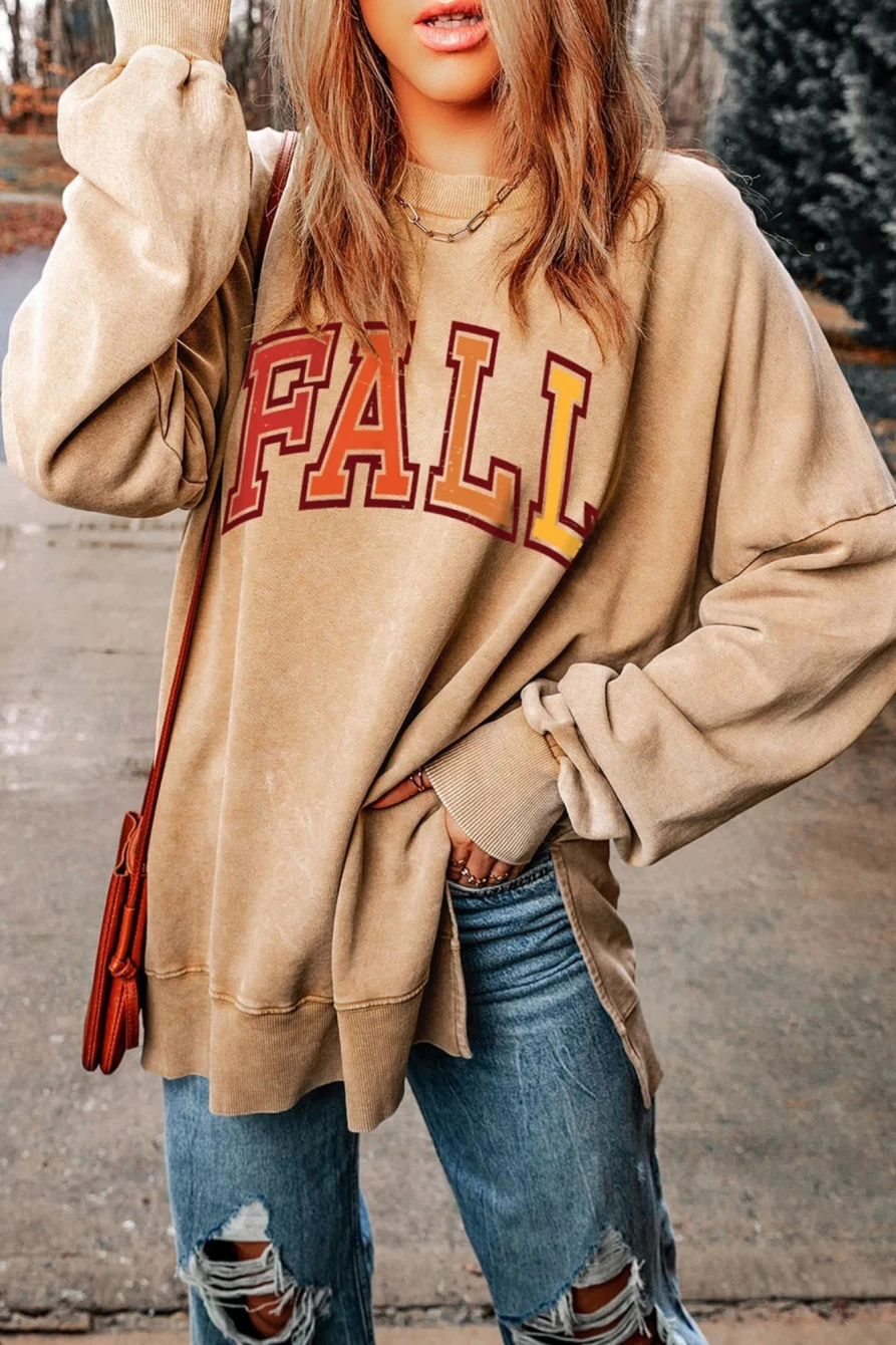 Shewin Women's Khaki Fall Letter Print Oversized Pullover Sweatshirt
