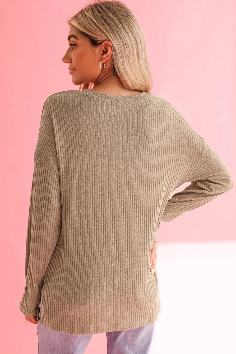 Women's Pale Khaki Ribbed Knit Henley Top - Drop Shoulder Long Sleeve by Shewin