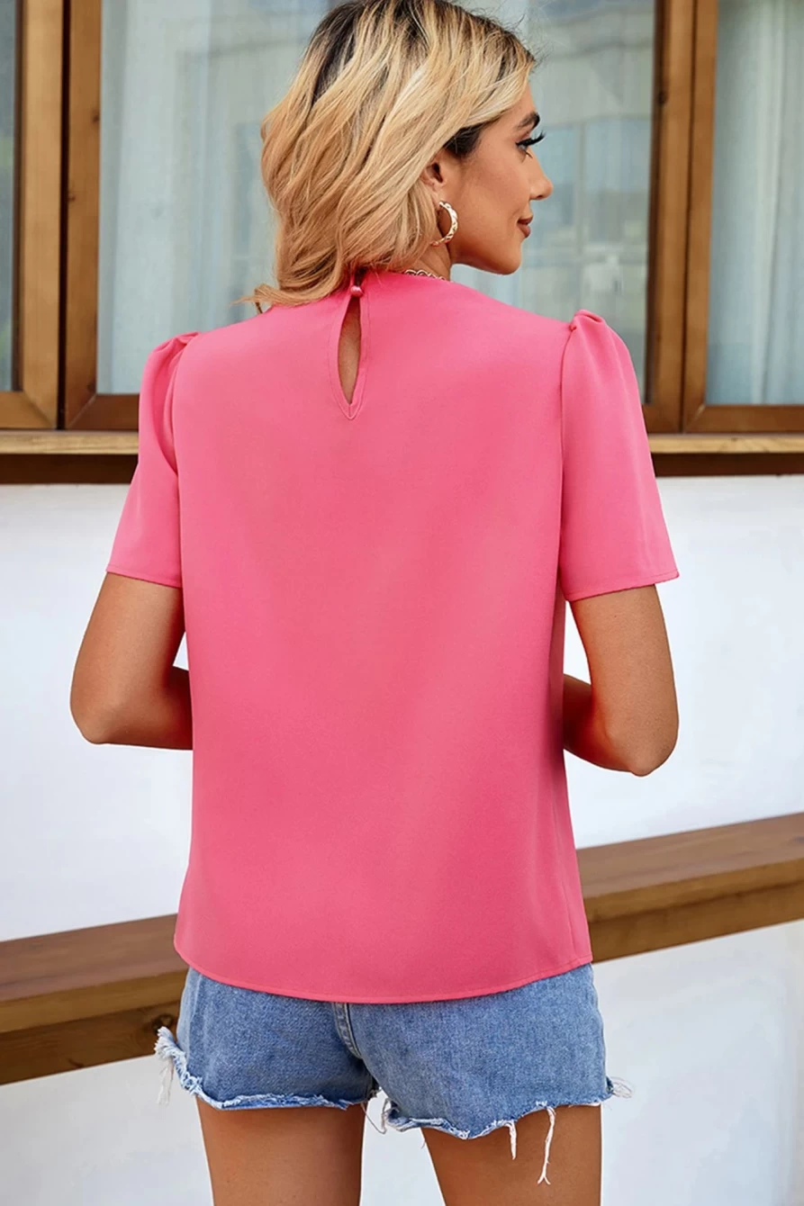 Shewin Women's Strawberry Pink Solid Color Pleated Frilled Neck Blouse