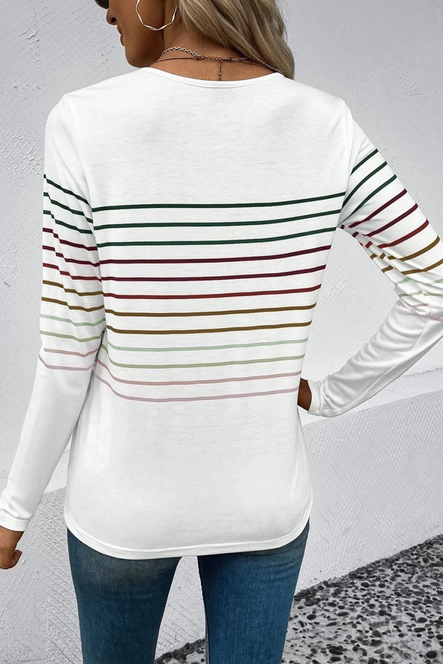 Shewin Women's White Colorful Striped Long Sleeve Top