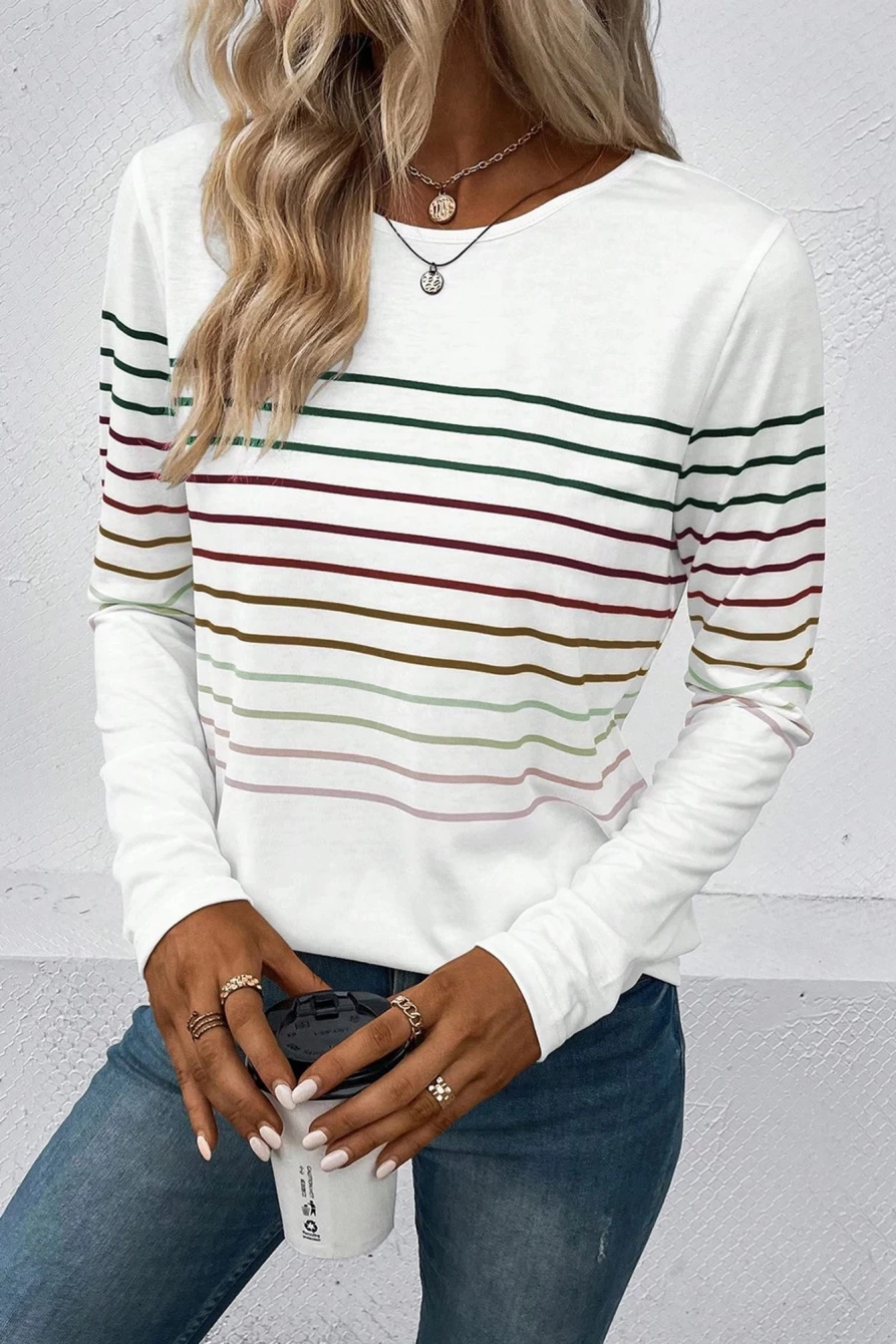 Shewin Women's White Colorful Striped Long Sleeve Top