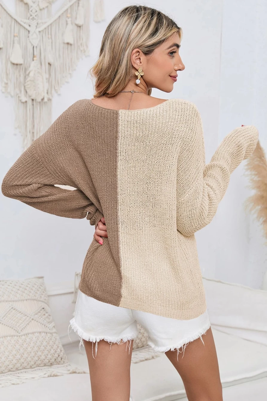 Shewin Women's Khaki Colorblock V-Neck Long Sleeve Sweater