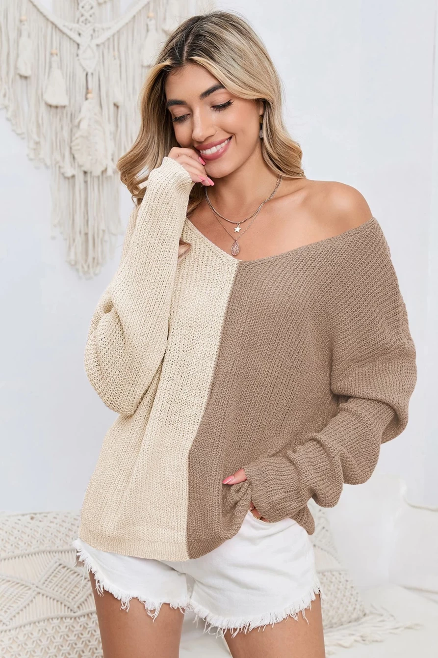 Shewin Women's Khaki Colorblock V-Neck Long Sleeve Sweater
