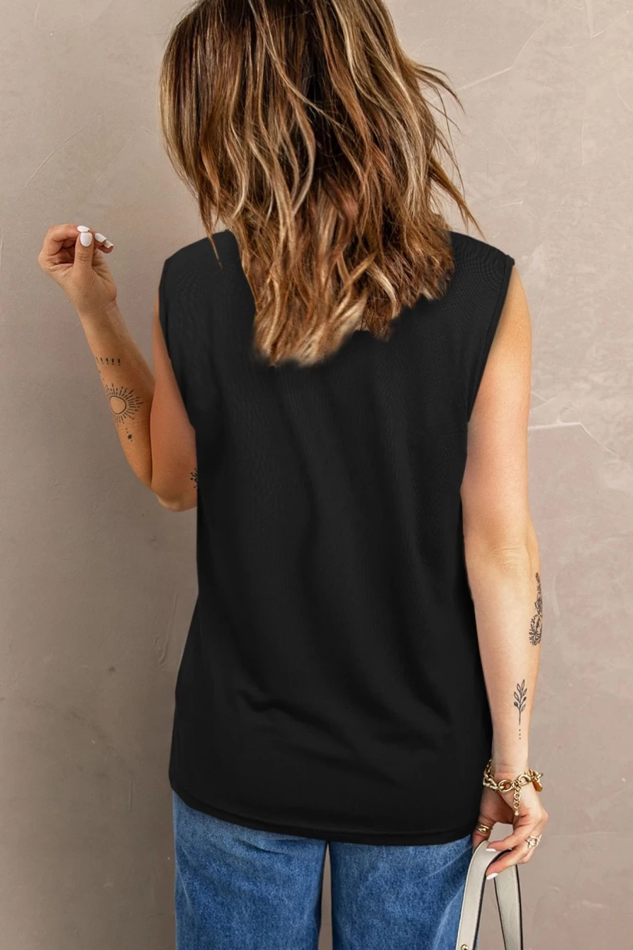 Shewin Women's Black Crew Neck Tank Top with Broken Hole Detail