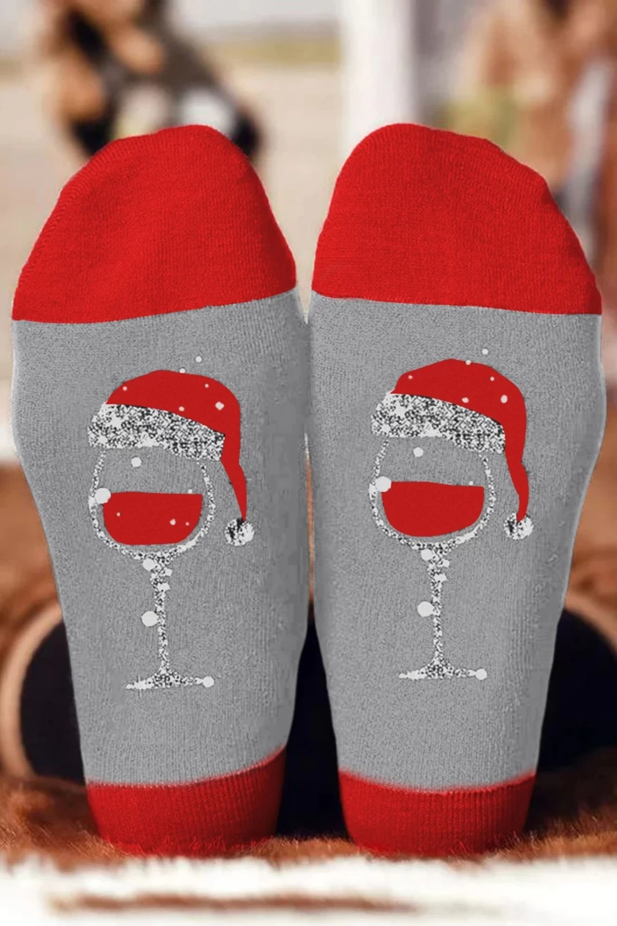 "Shewin Women's Gray Christmas Champagne Santa Hat Graphic Novelty Socks"