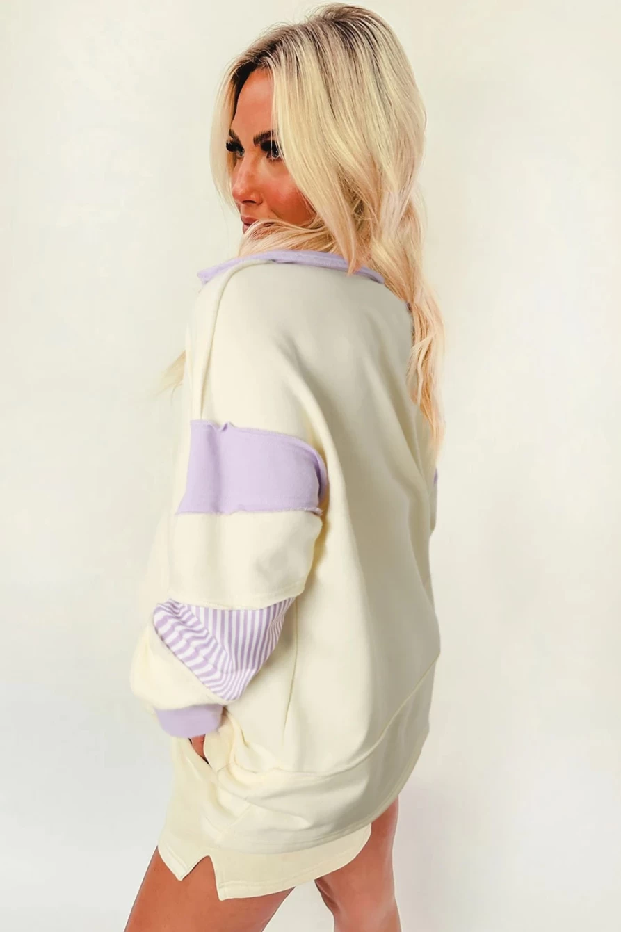 "Shewin Women's Yellow Collared V-Neck Patchwork Sweatshirt"