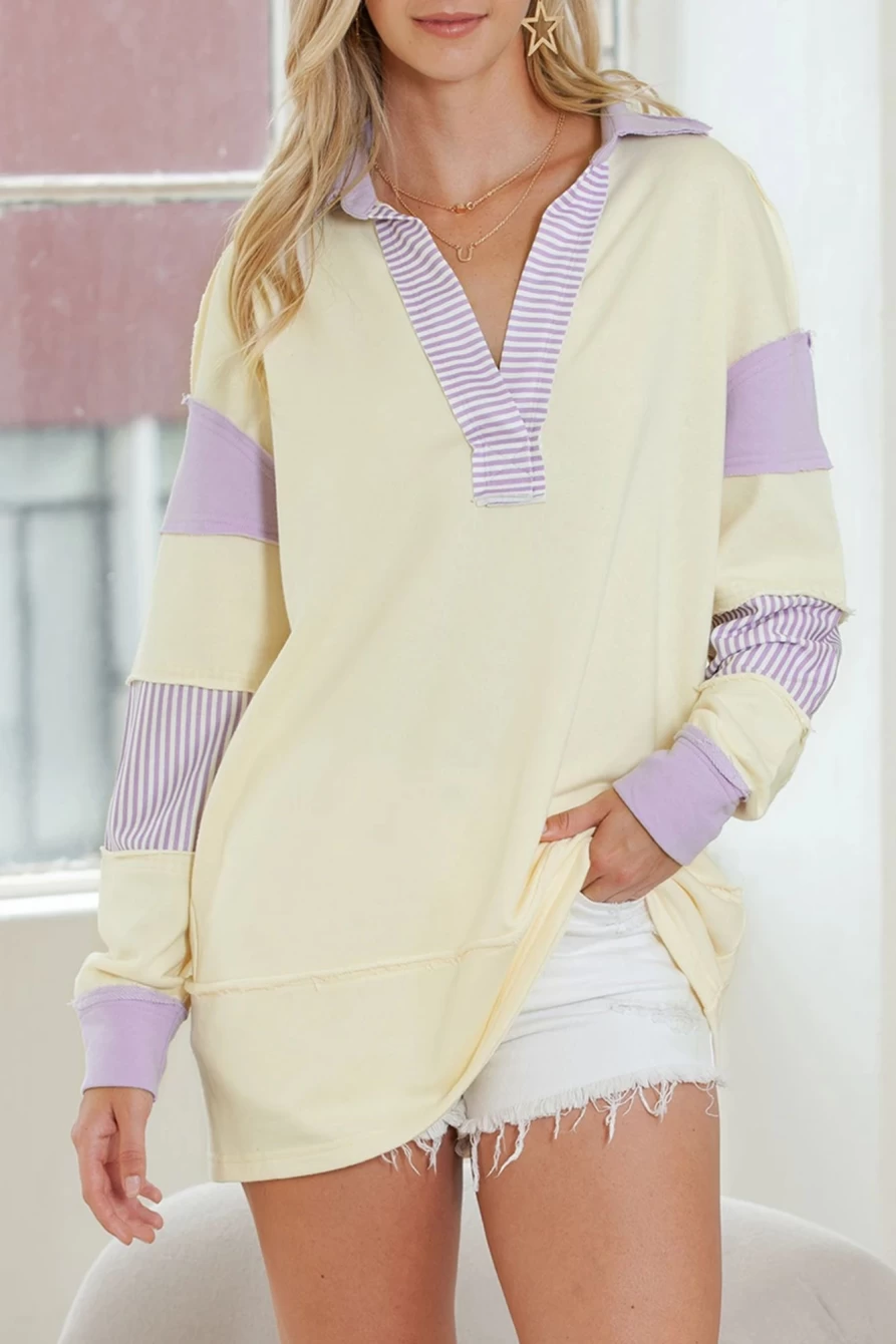 "Shewin Women's Yellow Collared V-Neck Patchwork Sweatshirt"