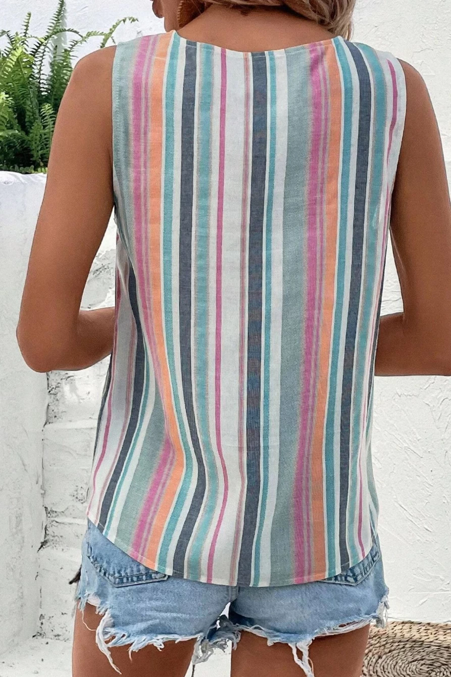 Shewin Women's Multicolour Striped Sleeveless Top with Lace Splicing Tie Neck Detail