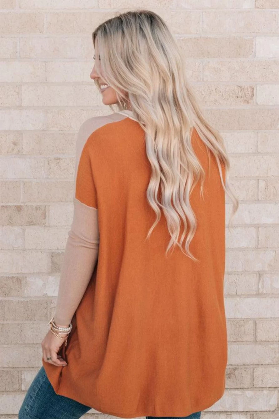 Shewin Women's Orange Colorblock Casual Loose Top with Seam Pockets