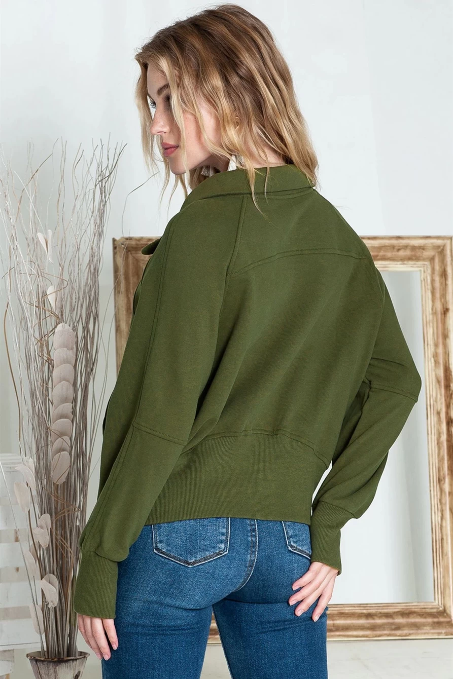 Shewin Women's Green Ribbed Zip-Up Stand Collar Sweatshirt with Thumbhole Sleeves