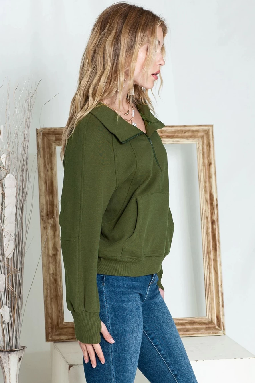 Shewin Women's Green Ribbed Zip-Up Stand Collar Sweatshirt with Thumbhole Sleeves