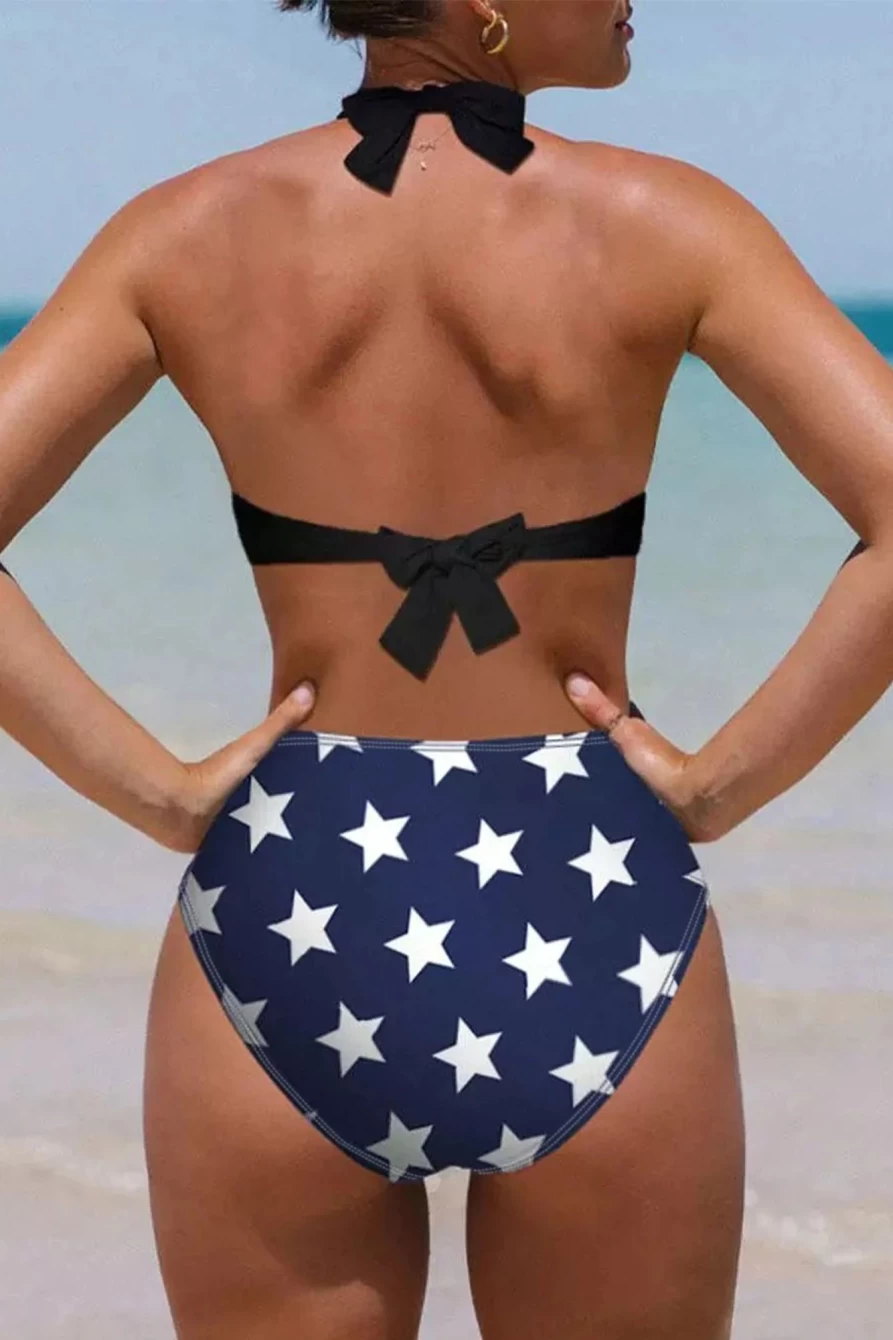 Shewin Women's Blue Stars & Stripes American Flag Patchwork Bikini Swimsuit