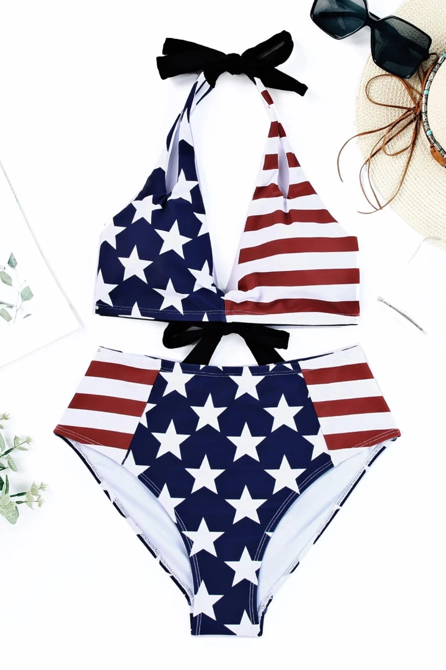 Shewin Women's Blue Stars & Stripes American Flag Patchwork Bikini Swimsuit