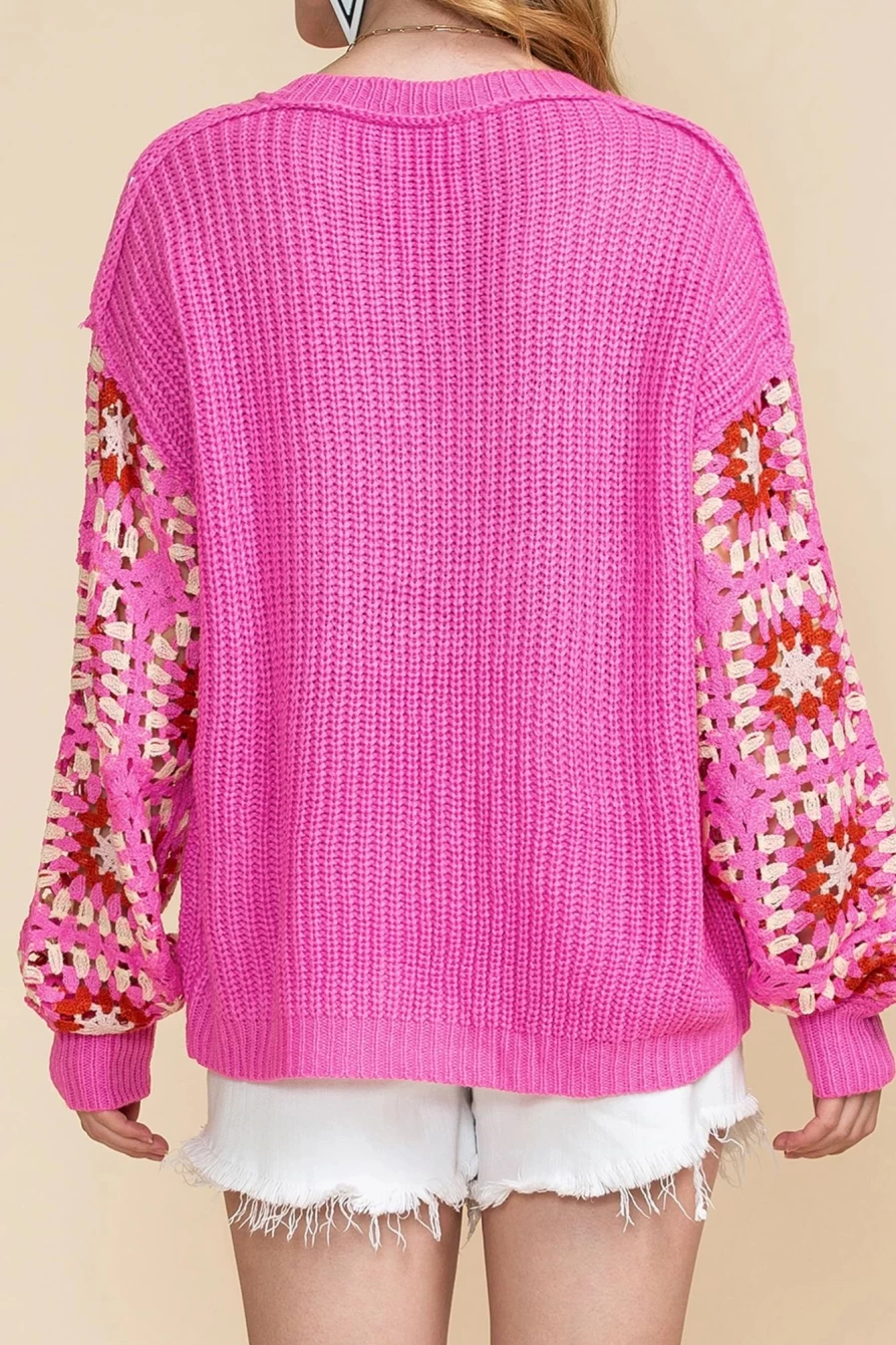 Shewin Women's Rose Crochet V-Neck Long Sleeve Knitted Pullover Sweater