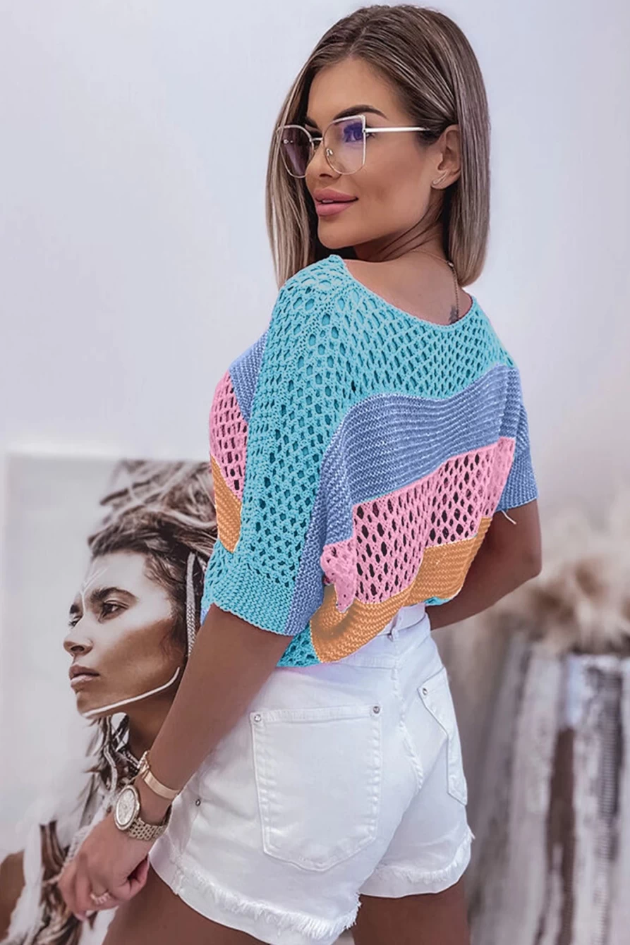 Shewin Women's Sky Blue Knitted Eyelet Colorblock Striped Half Sleeve Top