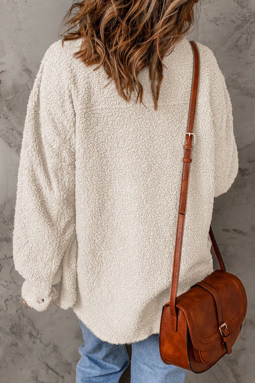 Women's White Teddy Coat with Flap Pockets & Button Front - Shewin