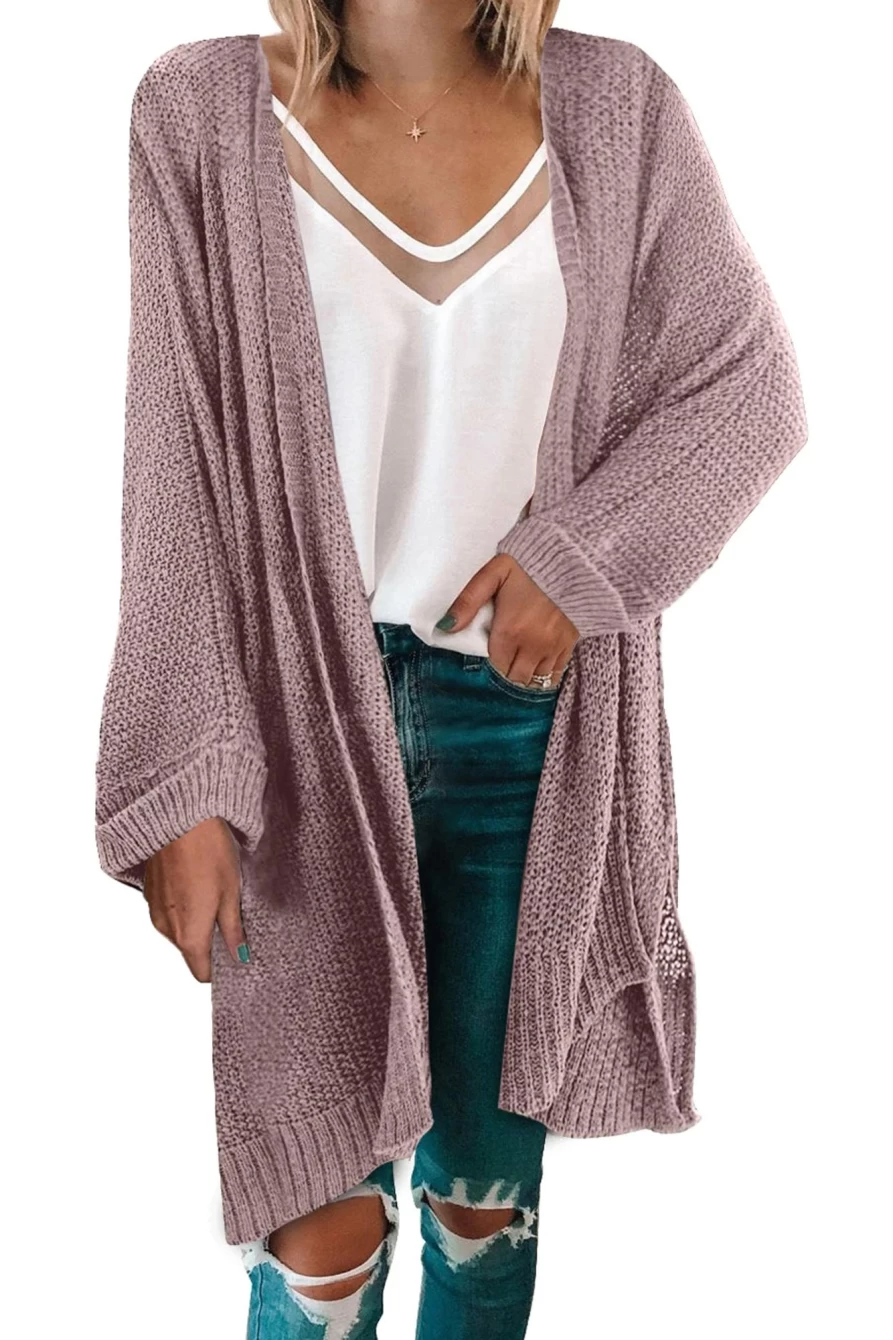 Shewin Women's Pink Knitted Long Cardigan for Fall - Casual Cozy Open Front Sweater