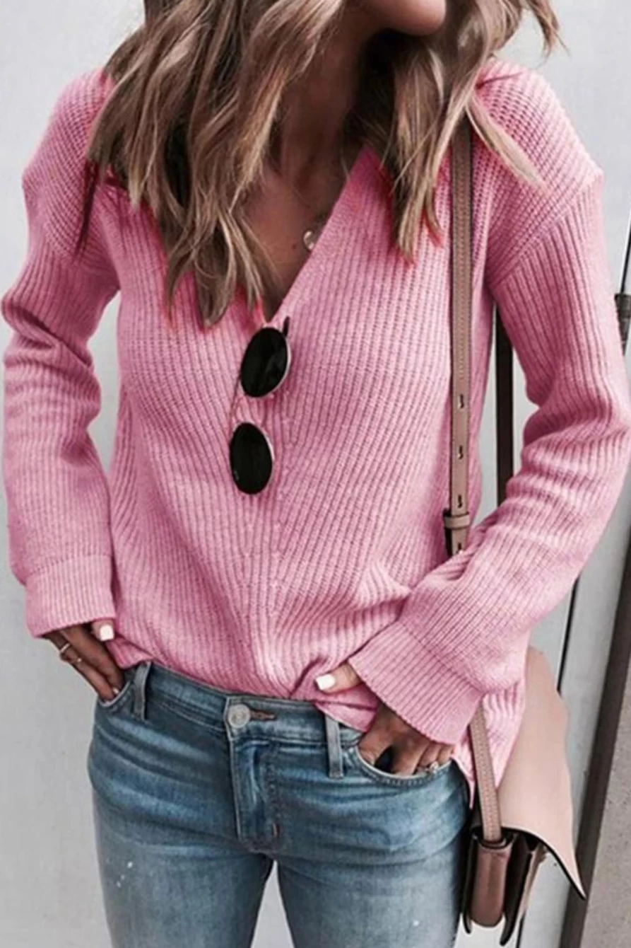 Shewin Women's Pink Ribbed Knit V-Neck Sweater - Basic Casual Stretchable Top