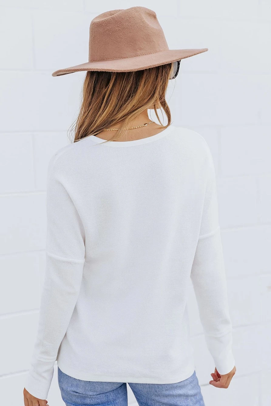 Shewin Women's White Casual Waffle Knit Henley Top with Button Front