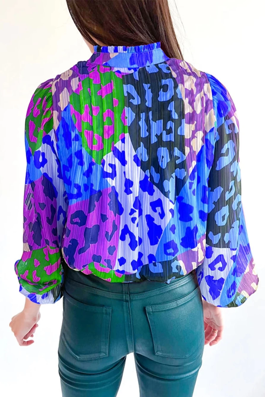 "Shewin Women's Sky Blue Leopard Print Crinkle Blouse with Puff Sleeves"