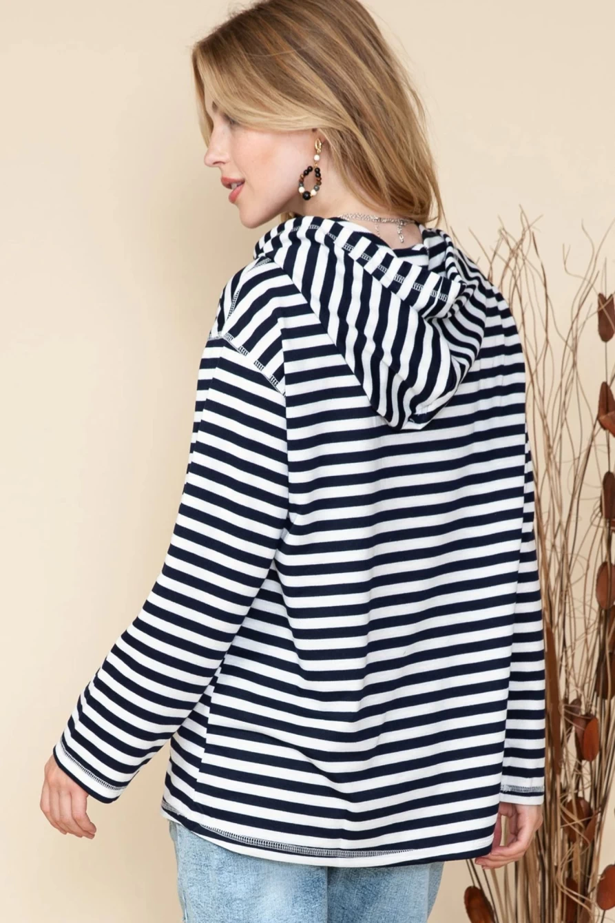 Shewin Women's Striped Kangaroo Pocket Drawstring Hoodie - Print Pullover Sweatshirt