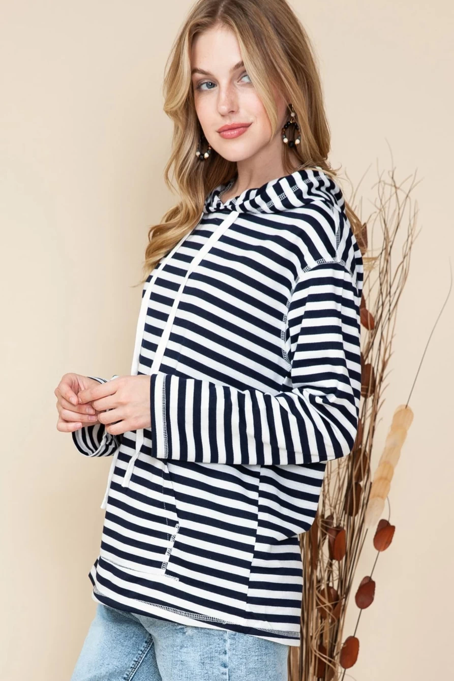 Shewin Women's Striped Kangaroo Pocket Drawstring Hoodie - Print Pullover Sweatshirt