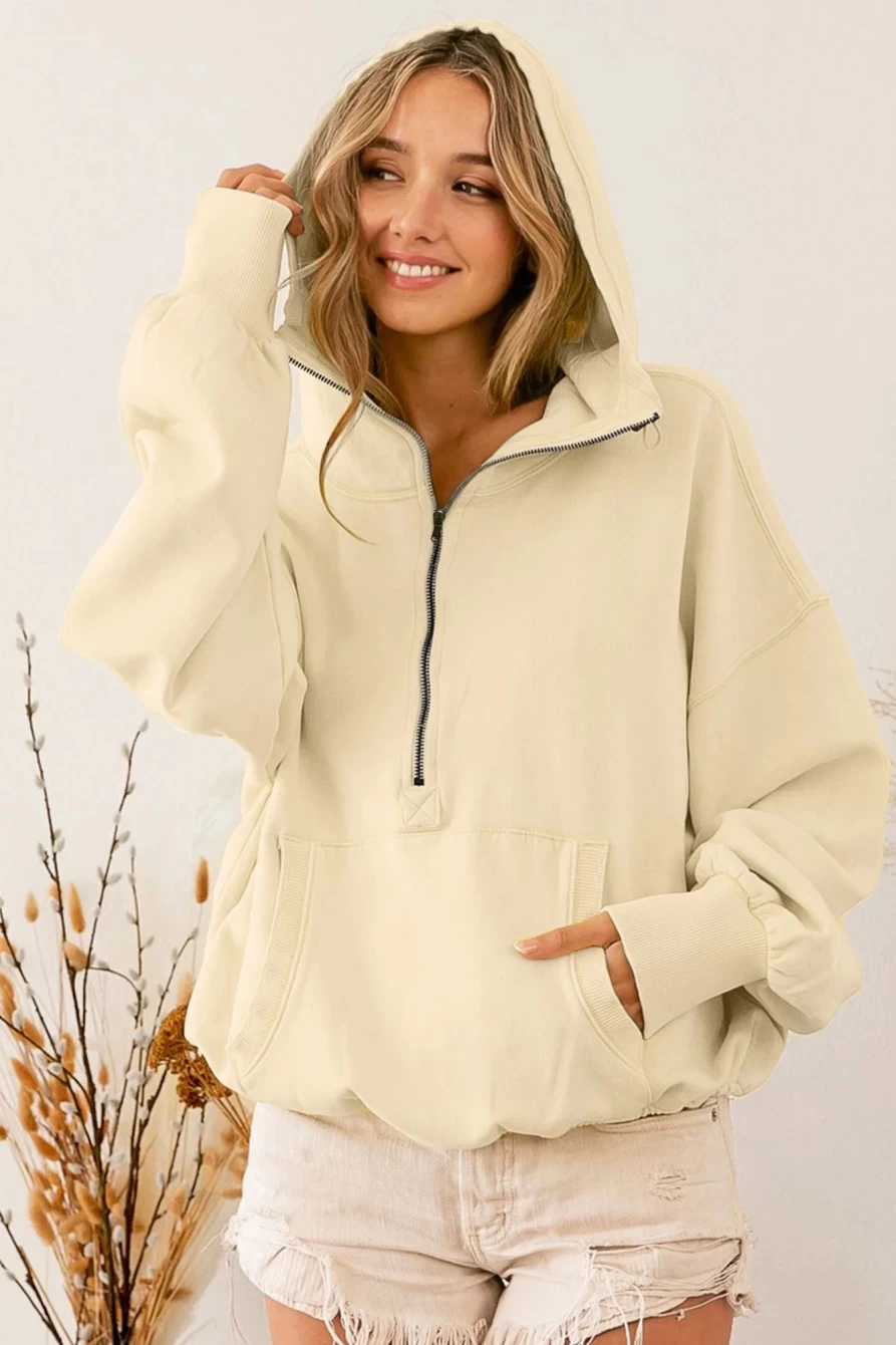 Shewin Women's Beige Half Zip Kangaroo Pocket Pullover Hoodie - Solid Color Casual Sweatshirt