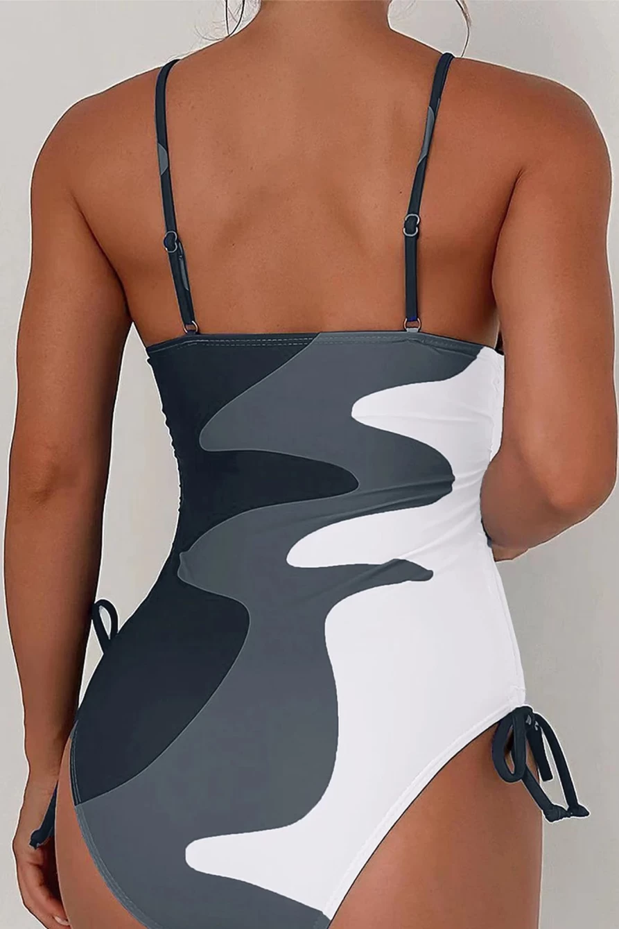 Women's Black Printed One Piece Swimsuit with Drawstring Sides - SHEWIN