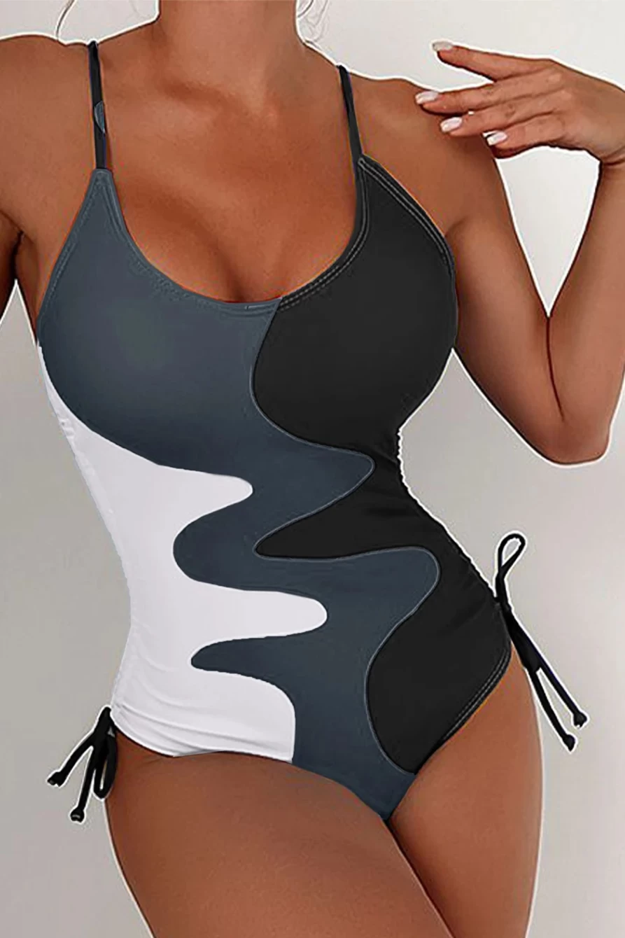 Women's Black Printed One Piece Swimsuit with Drawstring Sides - SHEWIN