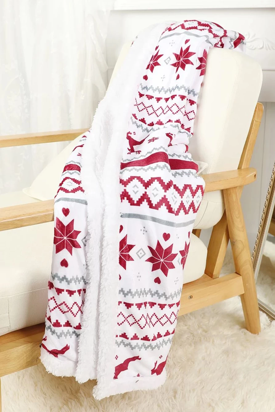 "Shewin Women's Snow White Christmas Reindeer Snowflake Sherpa Blanket - Cozy Flannel Throw for Holiday Decor"