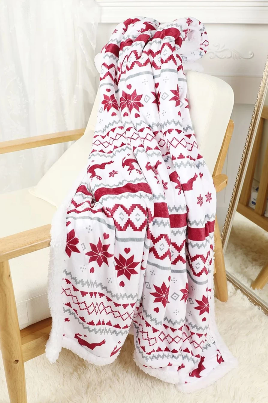 "Shewin Women's Snow White Christmas Reindeer Snowflake Sherpa Blanket - Cozy Flannel Throw for Holiday Decor"