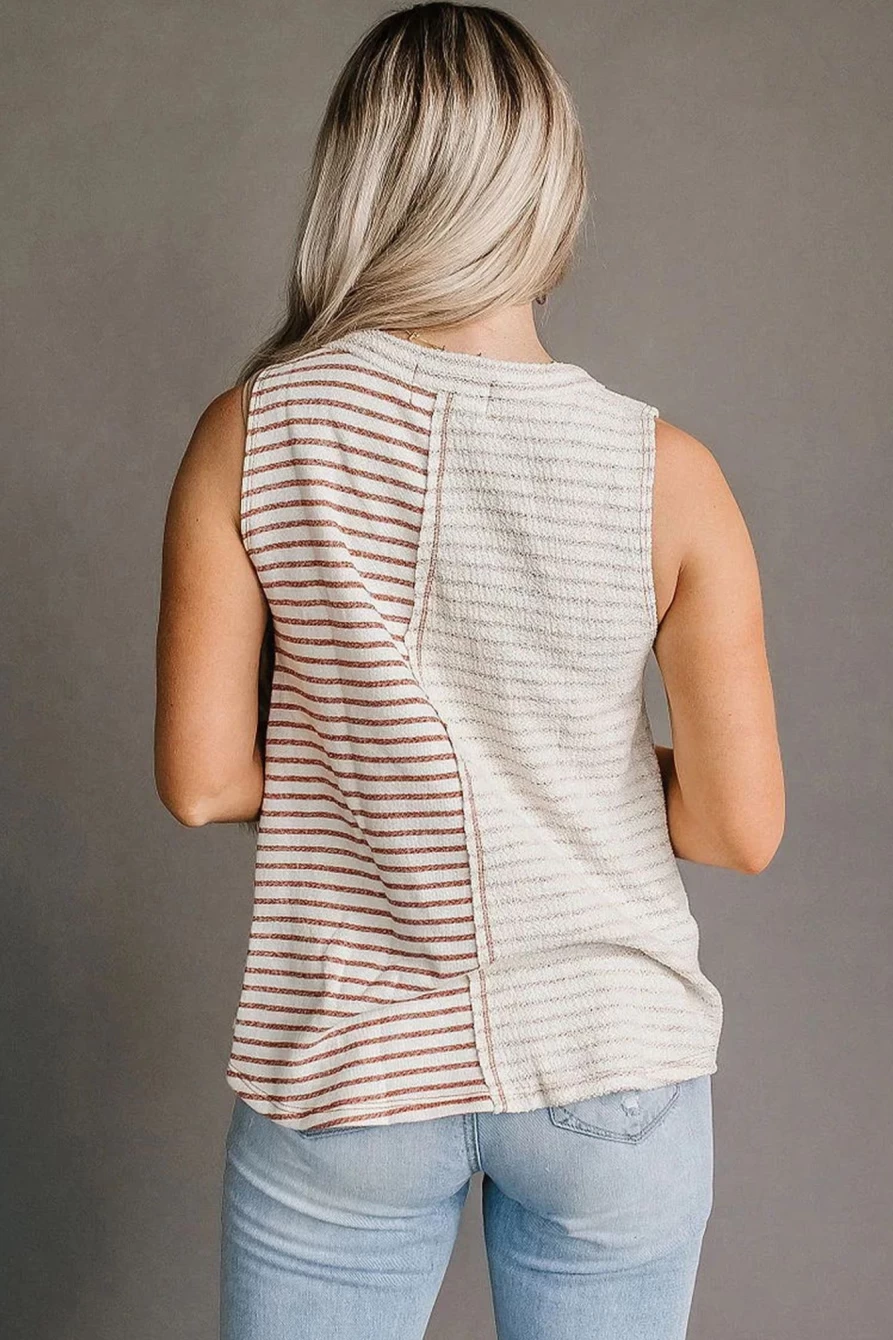 Shewin Women's Brown Stripe Colorblock Seamed Tank Top