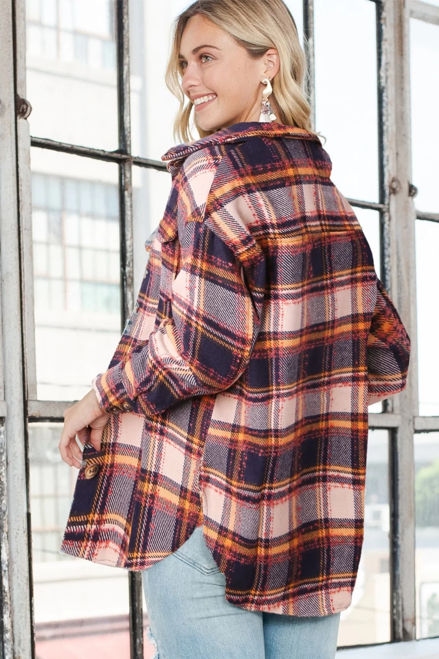 Women's Blue Plaid Shacket by Shewin - Oversized Fit with Flap Pockets and Side Slits