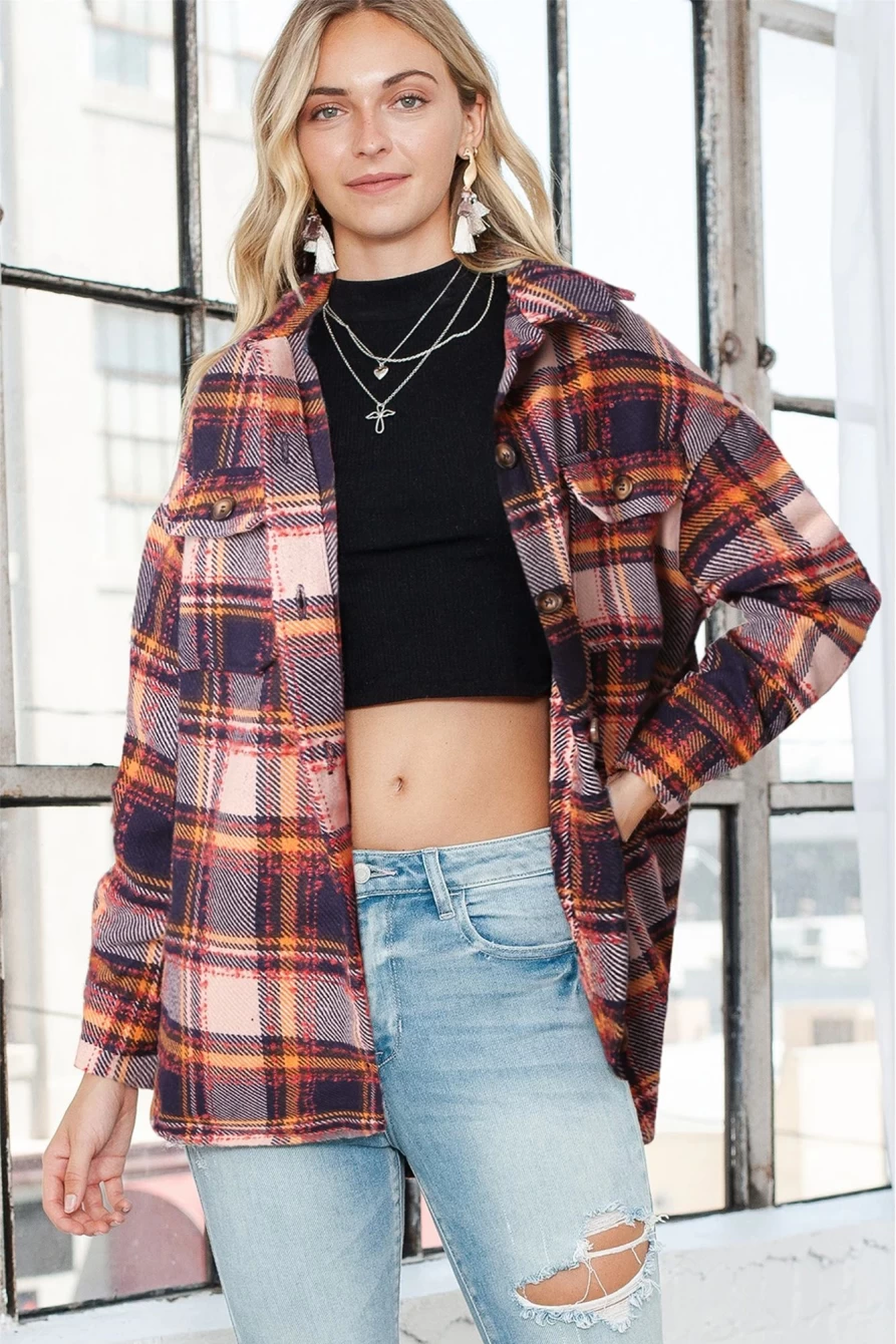 Women's Blue Plaid Shacket by Shewin - Oversized Fit with Flap Pockets and Side Slits