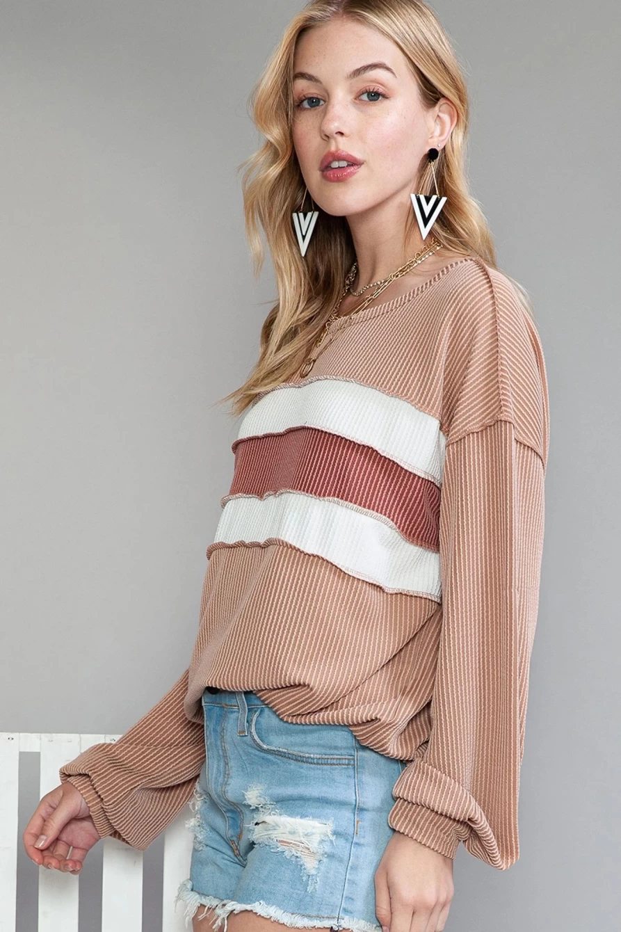 Shewin Women's Light French Beige Patchwork Lantern Sleeve Top with Corded Detailing