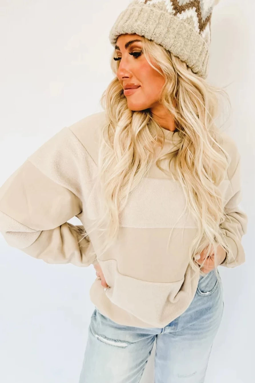 Shewin Women's Oatmeal Patchwork Long Sleeve Pullover Sweatshirt