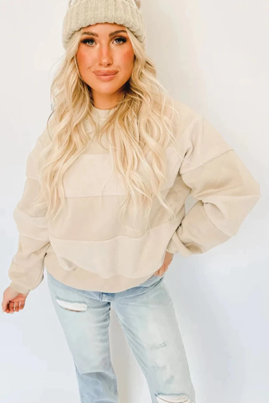 Shewin Women's Oatmeal Patchwork Long Sleeve Pullover Sweatshirt