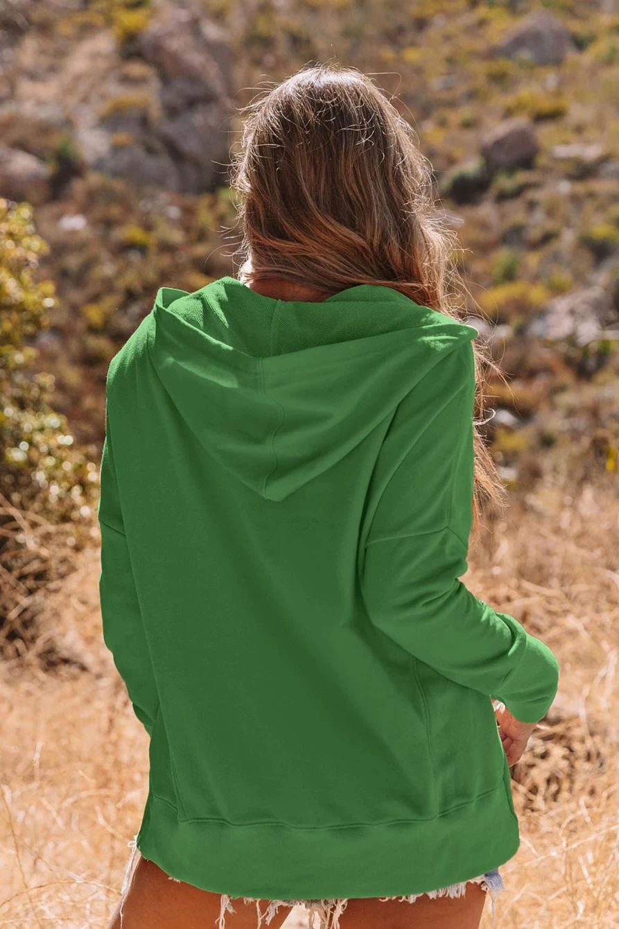Women's Green Batwing Sleeve Pocket Henley Hoodie | Shewin Oversized Snap Button Pullover