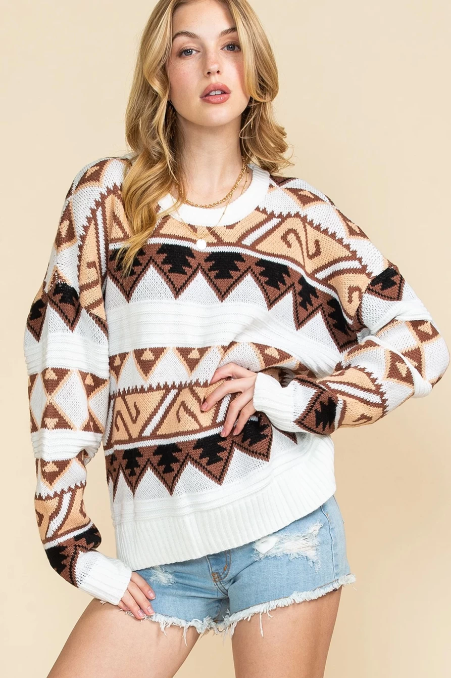 Shewin Women's Multicolor Geometric Colorblock Cable Knit Sweater